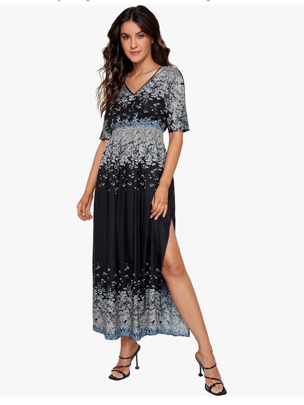 Navy Blue Floral V-Neck Maxi Dress with Side Slit